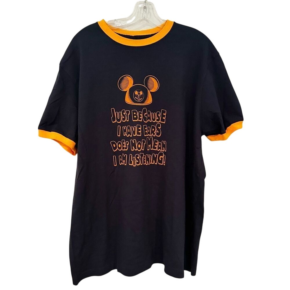 Disney Parks Mickey Mouse Ears Ringer Tee Mens XL Navy Orange Disneyana Retro